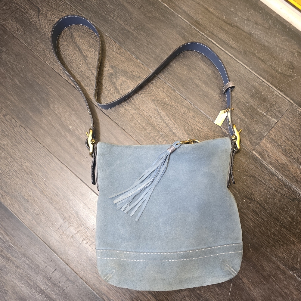 Coach Crossbody In Baby Blue Suede With Brass Hardwear